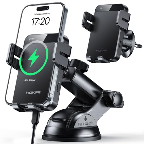 MOKPR Handyhalterung Auto mit Ladefunktion, 15W Handyhalterung Auto Induktives Laden für Entlüftungsclips/Instrumententafel/Windschutzscheibe für iPhone 16/15/14/13, Galaxy S24 usw (Schwarz-QC3.0) von MOKPR