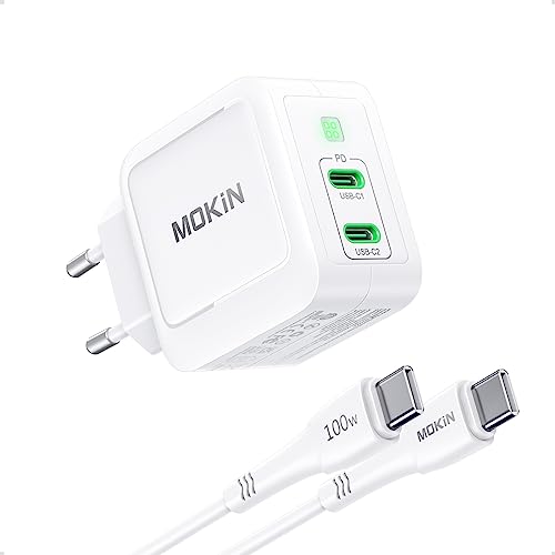 MOKiN 65W USB C Ladegerät GaN, 2-Port USB C Netzteil mit 1.2m USB C Kabel, Schnellladegerät Stecker für Apple iPhone 14 13 12 Pro Max, iPad Air, MacBook Pro, Samsung Galaxy S23 S22 S21 Ultra, Pixel von MOKiN
