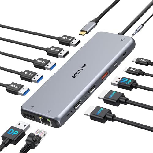 MOKiN USB C Dockingstation [13 in 1] USB HUB Unterstützung Triple Display Hub 100WPD Dual 4K 2*HDMI+DP 10Gbps/ 6*USB & RJ45 & 3.5mm Audio Jack Kompatibilität mit MacOS/Dell/HP/ASUS/Lenovo/Surface von MOKiN