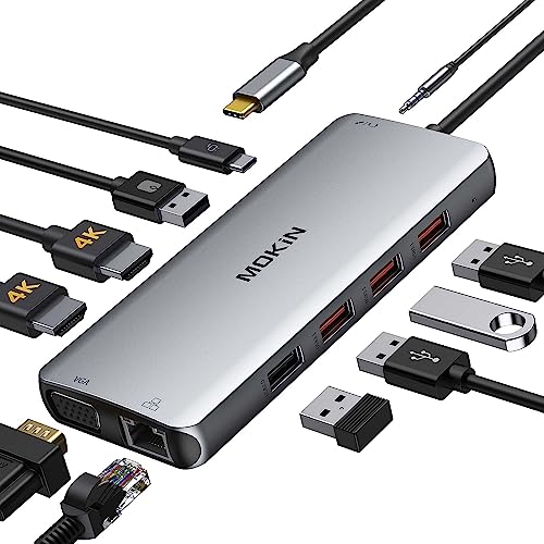 MOKiN USB-C-Hub, 12 in 1 Multiport Adapter auf Dual HDMI und VGA, Ethernet RJ45, Audio-Port, SD/TF-Karte, 100 W PD, 4 USB-Ports, Docking Station für Notebooks MacBook Pro und Type-C von MOKiN