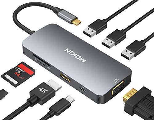 USB-C-Adapter für MacBook Pro 2019/2018/2017, USB-C-Hub, USB-C auf HDMI, VGA, SD-/TF-Kartenleser, 3 USB-3.0-Ports, USB-C-Port für Stromdurchgang von MOKiN