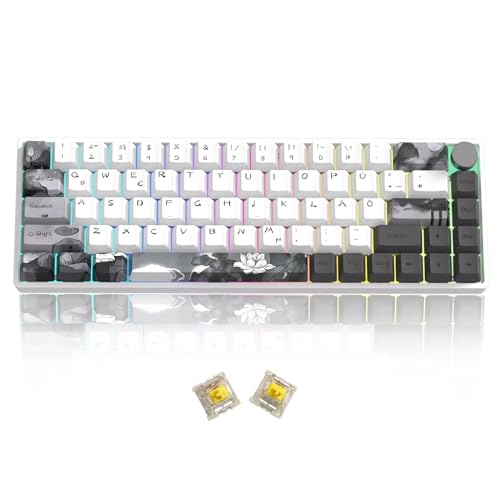 MOLGRIA GK68 68-Tasten-Gaming-Tastatur mit RGB-Hintergrundbeleuchtung und Lotus Deutsch-Tastenkappen, Hot-Swap-fähigen Gelb Mechanischen Gateron-Schaltern, Triple-Mode-Verbindungstastatur mit Knopf von MOLGRIA