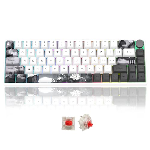 MOLGRIA GK68 68-Tasten-Gaming-Tastatur mit RGB-Hintergrundbeleuchtung und Tintenlotus-Tastenkappen, Hot-Swap-fähigen Roten Mechanischen Gateron-Schaltern, Triple-Mode-Verbindungstastatur mit Knopf von MOLGRIA