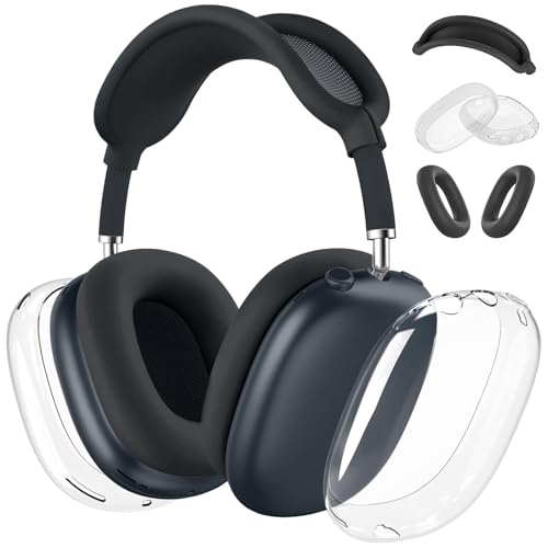 MOLOPPO Schutzhülle für AirPods Max Kopfhörer, Silikon-Ohrpolster, Kopfbandabdeckung, transparent, weiche TPU-Ohrmuscheln, 3-in-1-Zubehör, Schutz für Apple AirPod Max (2024/2020), Space Grey von MOLOPPO
