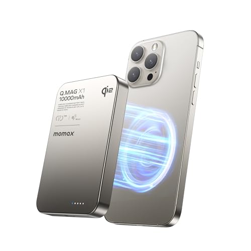 MOMAX Qi2 Powerbank Magnetisch, 10000mAh Schnellladen Ultra-Schlank Magnetisches Ladegerät, 15W Kabelloses Laden Ladegerät für MagSafe iPhone-Modelle & Android, Leicht, Titan von MOMAX