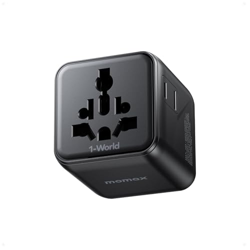 MOMAX Mini Reiseadapter Weltweit mit 2 AC-Steckosen, Universaler Stromadapter für 150+ Länder, Europa (Typ C/E/F), USA/Japan (Typ A), UK (Typ BF), Australien (O) und mehr von MOMAX
