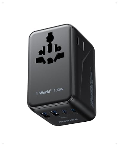 MOMAX Reiseadapter Weltweit 100W GaN Universal Schnellladegerät mit 2 AC-Steckdosen, 2 USB-C PD + 2 USB-A QC - Kompatibel mit 150+ Ländern weltweit (EU, USA, UK, Japan u.a.) von MOMAX