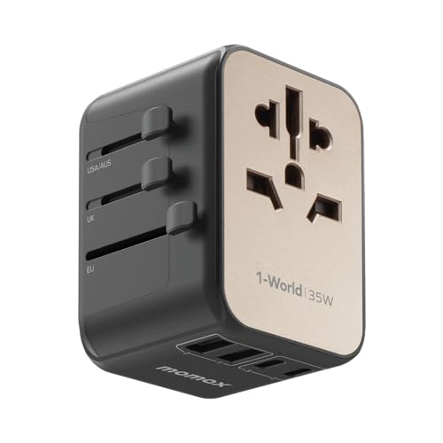 MOMAX Reiseadapter Weltweit 35W, Universal Reisestecker mit 3USB-C 2USB-A 1AC, Internationaler Steckdosenadapter gleichzeitige Aufladung von 6 Geräten für DE USA UK Thailand-Titanium Gold von MOMAX