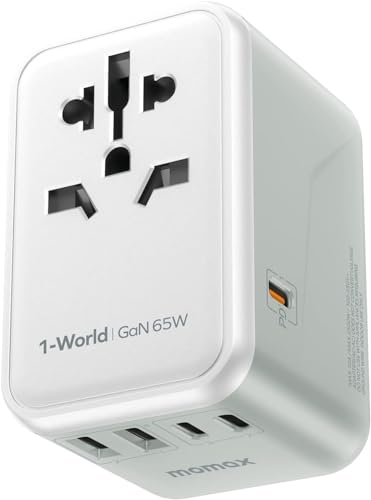 MOMAX Reiseadapter Weltweit 65W GaN Schnellladen, Universal Reisestecker für Vision Pro mit 2USBA, 3USB C,1AC, Internationaler Steckdosenadapter 6 Geräte gleichzeitig Aufladen für USA UK AUS EU von MOMAX