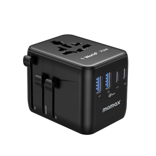 MOMAX Reiseadapter Weltweit 70W GaN Fast Universal Adapter 7-in-1 mit 2 AC Steckdosen & 5 Anschlüssen (3 USB-C + 2 USB-A), weltweiter Steckeradapter für EU, USA, UK und mehr von MOMAX