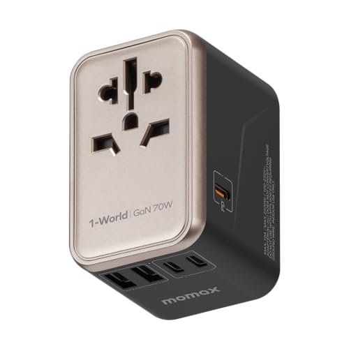 MOMAX Reiseadapter Weltweit 70W GaN Schnellladen, Universal Reisestecker für Vision Pro mit 2USBA, 3USB C,1AC, Internationaler Steckdosenadapter 6 Geräte gleichzeitig Aufladen für USA UK AUS EU von MOMAX