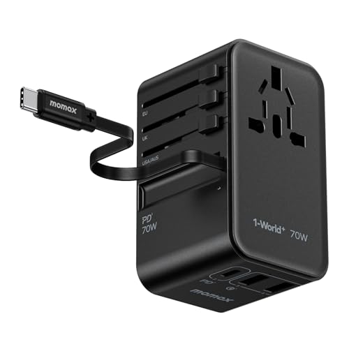 MOMAX Reiseadapter Weltweit 70W GaN mit Ladekabel USB C, Internationaler Universal Adapter mit 2UAB A / 2USB C für USA UK Japan EU Australien Kanada von MOMAX