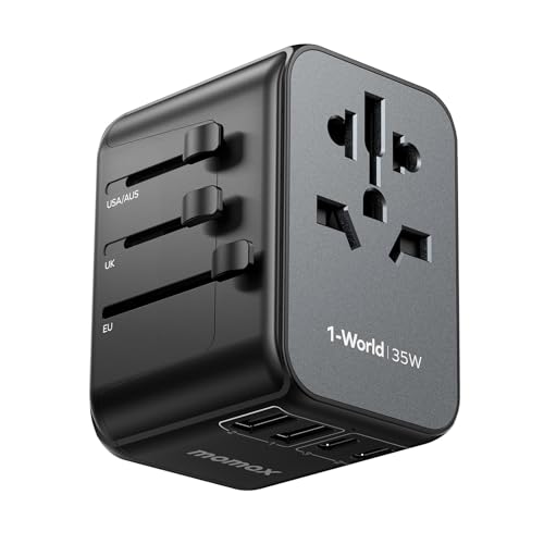 MOMAX Reiseadapter Weltweit PD35W, Universal Reisestecker mit 3USB-C & 2USB-A & 1AC, Internationaler Steckdosenadapter gleichzeitige Aufladung von 6 Geräten für DE USA UK Thailand-Schwarz von MOMAX