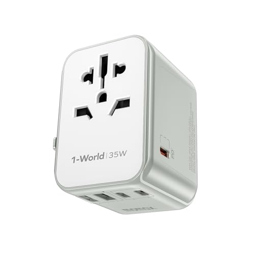 MOMAX Reiseadapter Weltweit PD35W, Universal Reisestecker mit 3USB-C & 2USB-A & 1AC, Internationaler Steckdosenadapter gleichzeitige Aufladung von 6 Geräten für DE USA UK Thailand-Weiß von MOMAX