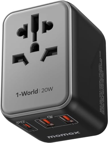 MOMAX Reiseadapter Weltweit mit 2 USB und PD 20W Schnelles Aufladen, Internationale Steckdosenadapter, Universaladapter für Thailand Italien USA EU UK AUS von MOMAX