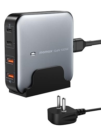 MOMAX USB C Ladegerät,100W GaN 4 Port USB Schnellladegerät mit 2M Kabel, USB Ladegerät Mehrfach mit 2 USBC/2 USBA Ladestation PD3.0 Charger für MacBook Pro Laptop iPhone iPad Samsung von MOMAX