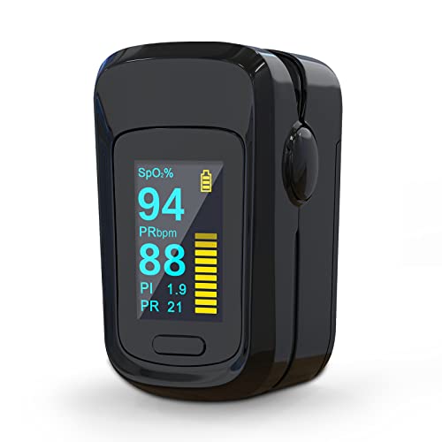 MOMMED Pulsoximeter, Sauerstoffsättigung Messgerät Finger, Fingerpulsoximeter mit Alarm zur Messung der Sauerstoffsättigung (SpO2), Pulsmesser für Kinder & Erwachsene, OLED Anzeige die sich mitdreht von MOMMED