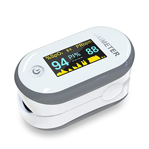 MOMMED Sauerstoffsättigung Messgerät Finger, Oximeter Ergebnisse in 8 Sekunden, Pulsoximeter für Erwachsene und Kinder geeignet, Inklusive Lanyard und Batterien (Grau) von MOMMED