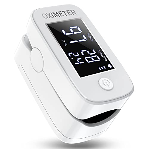 Pulsoximeter, Sauerstoffsättigung Messgerät Finger für Pulsfrequenz, Herzfrequenz und SpO2-Werte, Oximeter mit LED-Bildschirmanzeige, Batterien und Trageband inklusive (Weiß) von MOMMED