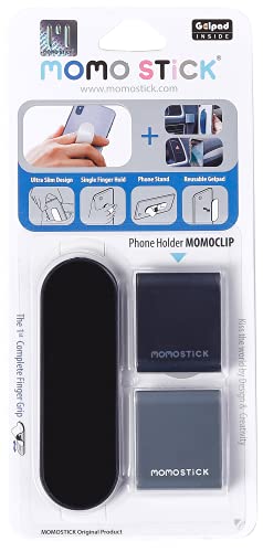 MOMOSTiCK - Das Original! Kombi - Momoclip + Smartphone Fingerhalter - Handy Fingerhalterung Handy Griff - Handy Halterung Handy Ring (Kombi Momostick + Momoclip Matt Serie - Schwarz) von MOMO STICK