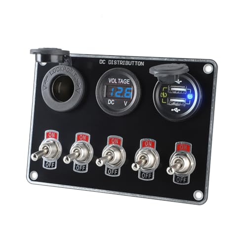 MOMOTOU 5 Gang Schalter Panel ON-OFF Kippschalter Panel QC3.0 Dual USB Ladegerät LED Voltmeter Zigarettenanzünder Buchse für 12V/24V Boot Wohnmobil Fahrzeuge LKW SUV (Blau) von MOMOTOU