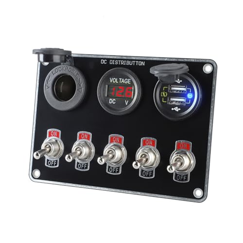 MOMOTOU 5 Gang Schalter Panel ON-OFF Kippschalter Panel QC3.0 Dual USB Ladegerät LED Voltmeter Zigarettenanzünder Buchse für 12V/24V Boot Wohnmobil Fahrzeuge LKW SUV (Rot) von MOMOTOU