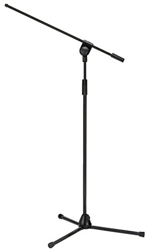 MONACOR MS-50/SW Mikrofon-Bodenstativ, Mikrofonständer mit längenverstellbarem, schwenkbarem Ausleger und trittschallgedämpften Klappfüßen, Gewinde 9 mm (3/8") und 16 mm (5/8"), in Schwarz von MONACOR