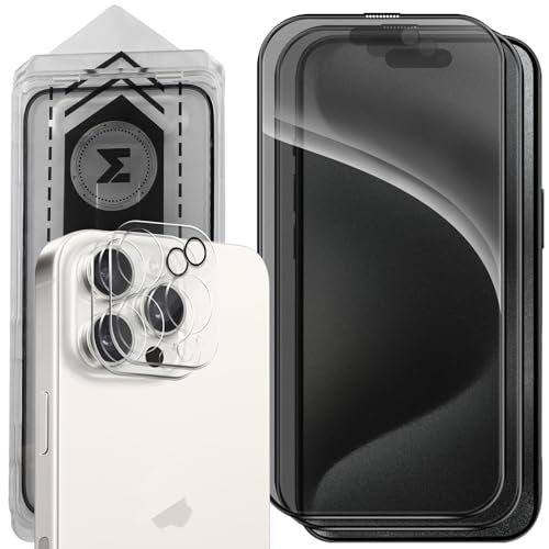 MONASAY [2 Stück Panzer Schutz Glas Fit für iPhone 15 Pro 6.1 Zoll, [2 Stück Kameraschutz Camera Screen Protector] Panzerfolie Schutzfolie Sichtschutz Privacy Displayschutz mit Frame von MONASAY