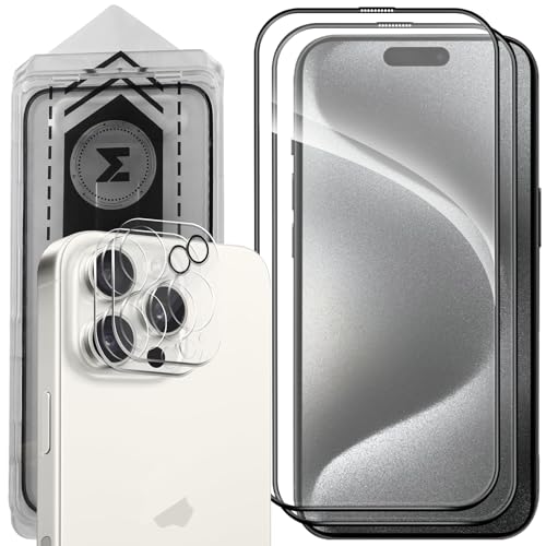 MONASAY [2 Stück Schutzfolie Kompatibel mit iPhone 15 Pro 6.1 Zoll, [2 Stück Kameraschutz], HD Gehärtetes Glas Displayschutz, 9H Full Screen Panzerfolie mit Frame, Anti-Kratzer von MONASAY