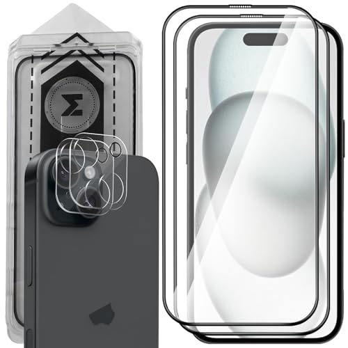 MONASAY Full Screen Schutzfolie Fit für iPhone 15 6.1 Zoll [2 Stück], HD Gehärtetes Glas Displayschutz, [2 Stück Kameraschutz], 9H Hart 2D Panzerfolie mit Frame, Anti-Kratzer von MONASAY