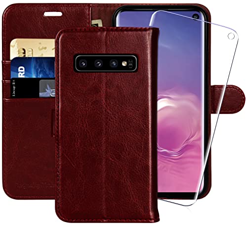 MONASAY Galaxy S10 Handyhülle,6.1 Zoll,[Schutzfolie][Kartenfach][Standfunktion][Magnet],Stoßfeste Schutzhülle,Premium Leder Flip Case für Samsung Galaxy S10, Burgund von MONASAY