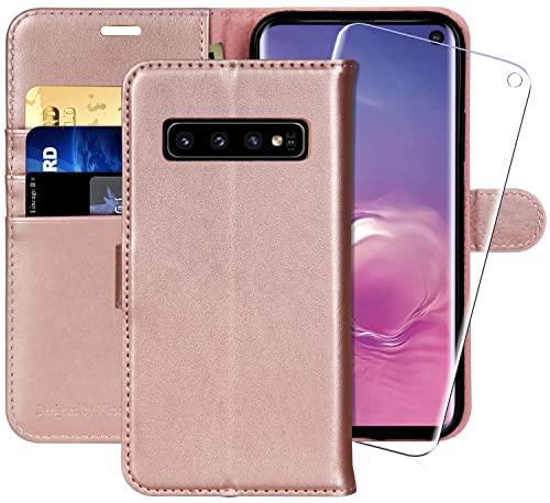 MONASAY Galaxy S10 Handyhülle,6.1 Zoll,[Schutzfolie][Kartenfach][Standfunktion][Magnet],Stoßfeste Schutzhülle,Premium Leder Flip Case für Samsung Galaxy S10, Rosagold von MONASAY