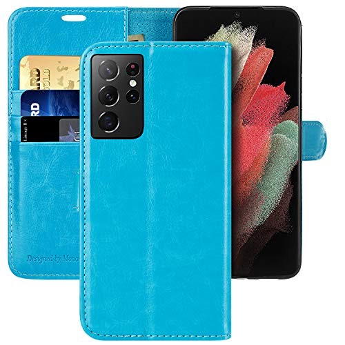 MONASAY Handyhülle Fit für Samsung Galaxy S21 Ultra 5G 6.8 Zoll Hülle,[Schutzfolie][Kartenfach][Standfunktion][Magnet],Stoßfeste Schutzhülle,Premium Leder Flip Case, Hellblau von MONASAY