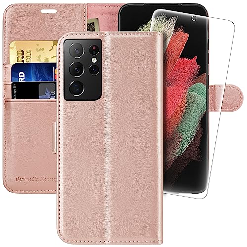 MONASAY Handyhülle Fit für Samsung Galaxy S21 Ultra 5G 6.8 Zoll Hülle,[Schutzfolie][Kartenfach][Standfunktion][Magnet],Stoßfeste Schutzhülle,Premium Leder Flip Case, Rosagold von MONASAY