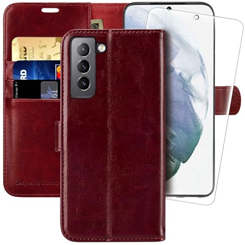 MONASAY Galaxy S22+ Plus 5G Handyhülle,6.6 Zoll,[Schutzfolie][Kartenfach][Standfunktion][Magnet],Stoßfeste Schutzhülle,Premium Leder Flip Case für Samsung Galaxy S22+ Plus 5G, Burgund von MONASAY