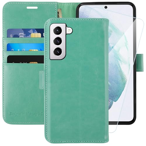 MONASAY für Handyhülle Samsung Galaxy S22+ Plus 5G 6.6 Zoll Hülle,[Schutzfolie][Kartenfach][Standfunktion][Magnet],Stoßfeste Schutzhülle,Premium Leder Flip Case, Minzgrün von MONASAY