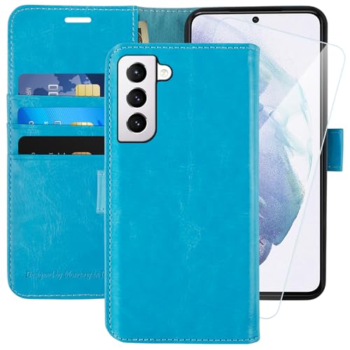 MONASAY für Handyhülle Samsung Galaxy S22 5G 6.1 Zoll Hülle,[Schutzfolie][Kartenfach][Standfunktion][Magnet],Stoßfeste Schutzhülle,Premium Leder Flip Case, Hellblau von MONASAY