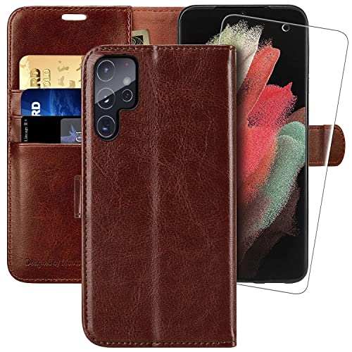 MONASAY für Handyhülle Samsung Galaxy S22 Ultra 5G 6.8 Zoll Hülle,[Schutzfolie][Kartenfach][Standfunktion][Magnet],Stoßfeste Schutzhülle,Premium Leder Flip Case, Braun von MONASAY