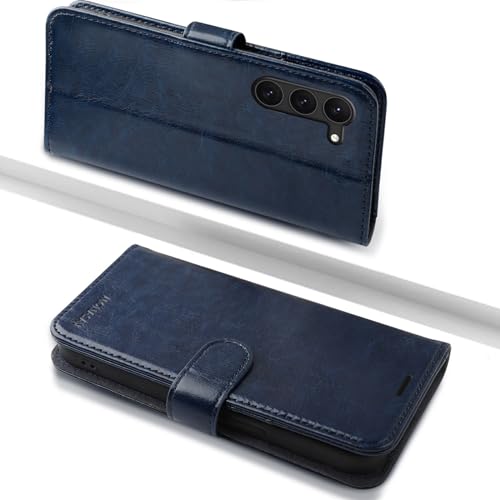 MONASAY Galaxy S23 5G Handyhülle,6.1 Zoll,[Schutzfolie][Kartenfach][Standfunktion][Magnet],Stoßfeste Schutzhülle,Premium Leder Flip Case für Samsung Galaxy S23 5G, Blau von MONASAY