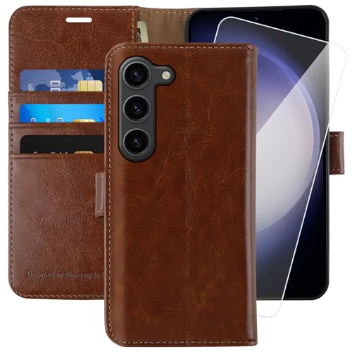 MONASAY für Handyhülle Samsung Galaxy S23 5G 6.1 Zoll Hülle,[Schutzfolie][Kartenfach][Standfunktion][Magnet],Stoßfeste Schutzhülle,Premium Leder Flip Case, Braun von MONASAY