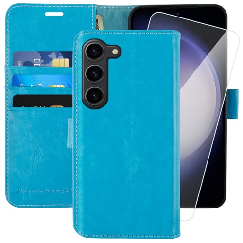 MONASAY für Handyhülle Samsung Galaxy S23 5G 6.1 Zoll Hülle,[Schutzfolie][Kartenfach][Standfunktion][Magnet],Stoßfeste Schutzhülle,Premium Leder Flip Case, Hellblau von MONASAY