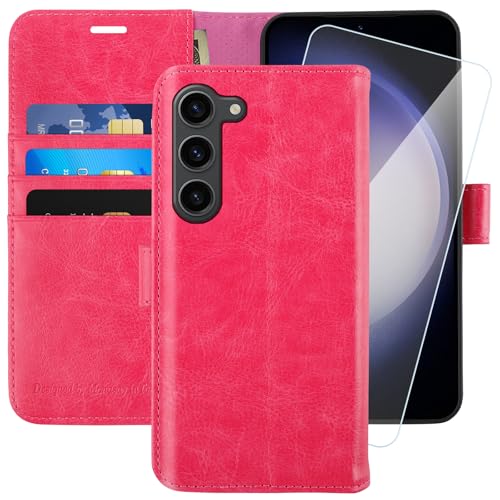 MONASAY für Handyhülle Samsung Galaxy S23 5G 6.1 Zoll Hülle,[Schutzfolie][Kartenfach][Standfunktion][Magnet],Stoßfeste Schutzhülle,Premium Leder Flip Case, Hot Pink von MONASAY