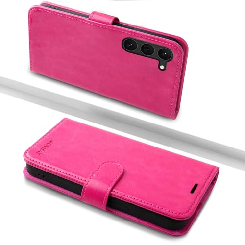 MONASAY Galaxy S23 5G Handyhülle,6.1 Zoll,[Schutzfolie][Kartenfach][Standfunktion][Magnet],Stoßfeste Schutzhülle,Premium Leder Flip Case für Samsung Galaxy S23 5G, Hot Pink von MONASAY