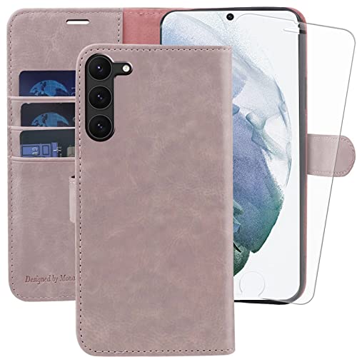 MONASAY für Handyhülle Samsung Galaxy S23 5G 6.1 Zoll Hülle,[Schutzfolie][Kartenfach][Standfunktion][Magnet],Stoßfeste Schutzhülle,Premium Leder Flip Case, Pinksand von MONASAY
