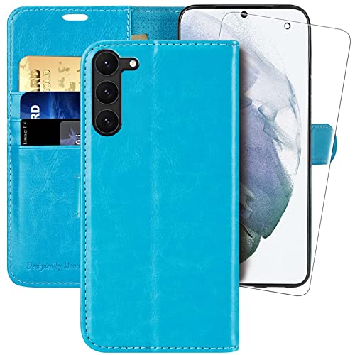 MONASAY Galaxy S23 Plus 5G Handyhülle,6.6 Zoll,[Schutzfolie][Kartenfach][Standfunktion][Magnet],Stoßfeste Schutzhülle,Premium Leder Flip Case für Samsung Galaxy S23 Plus 5G, Hellblau von MONASAY