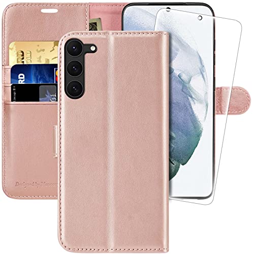 MONASAY für Handyhülle Samsung Galaxy S23 Plus 5G 6.6 Zoll Hülle,[Schutzfolie][Kartenfach][Standfunktion][Magnet],Stoßfeste Schutzhülle,Premium Leder Flip Case, Roségold von MONASAY
