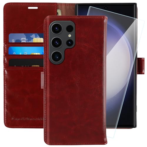 MONASAY für Handyhülle Samsung Galaxy S23 Ultra 5G 6.8 Zoll Hülle,[Schutzfolie][Kartenfach][Standfunktion][Magnet],Stoßfeste Schutzhülle,Premium Leder Flip Case, Burgundy von MONASAY
