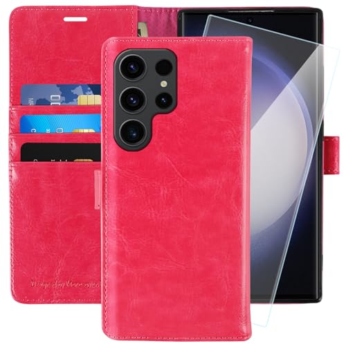 MONASAY für Handyhülle Samsung Galaxy S23 Ultra 5G 6.8 Zoll Hülle,[Schutzfolie][Kartenfach][Standfunktion][Magnet],Stoßfeste Schutzhülle,Premium Leder Flip Case, Hot Pink von MONASAY