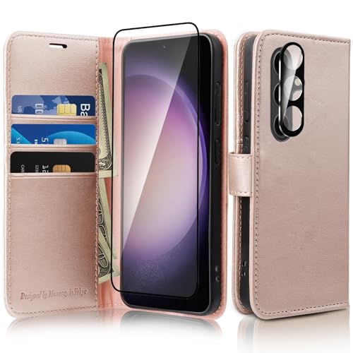 MONASAY Galaxy S24 5G Handyhülle 6.2 Zoll, [Glas Schutzfolie und Linsenschutz][Kartenfach][Standfunktion][Magnet],Stoßfeste Schutzhülle,Premium Leder Flip Case Fit für Samsung Galaxy S24 5G,Roségold von MONASAY