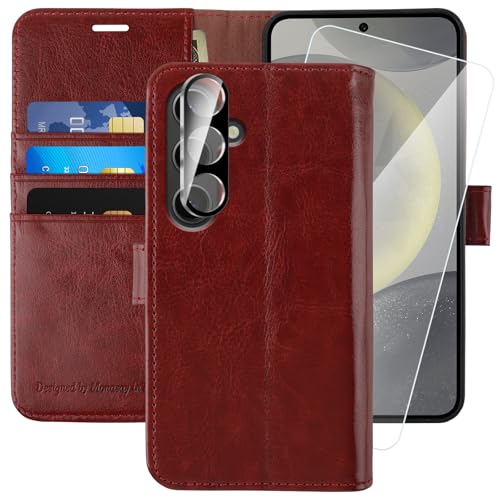 MONASAY für Handyhülle Samsung Galaxy S24 Plus 5G 6.7 Zoll Hülle,[Schutzfolie][Kartenfach][Standfunktion][Magnet],Stoßfeste Schutzhülle,Premium Leder Flip Case,Burgundy von MONASAY